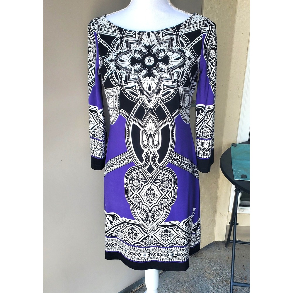 Intermission Dress‎ Womens Size 4 Purple Black White Geometric Print Aztec Boho